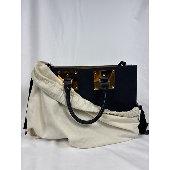 Sophie Hulme Albion Tote Bag Navy Blue Leather Top Handle Shoulder Strap - Picture 2 of 14